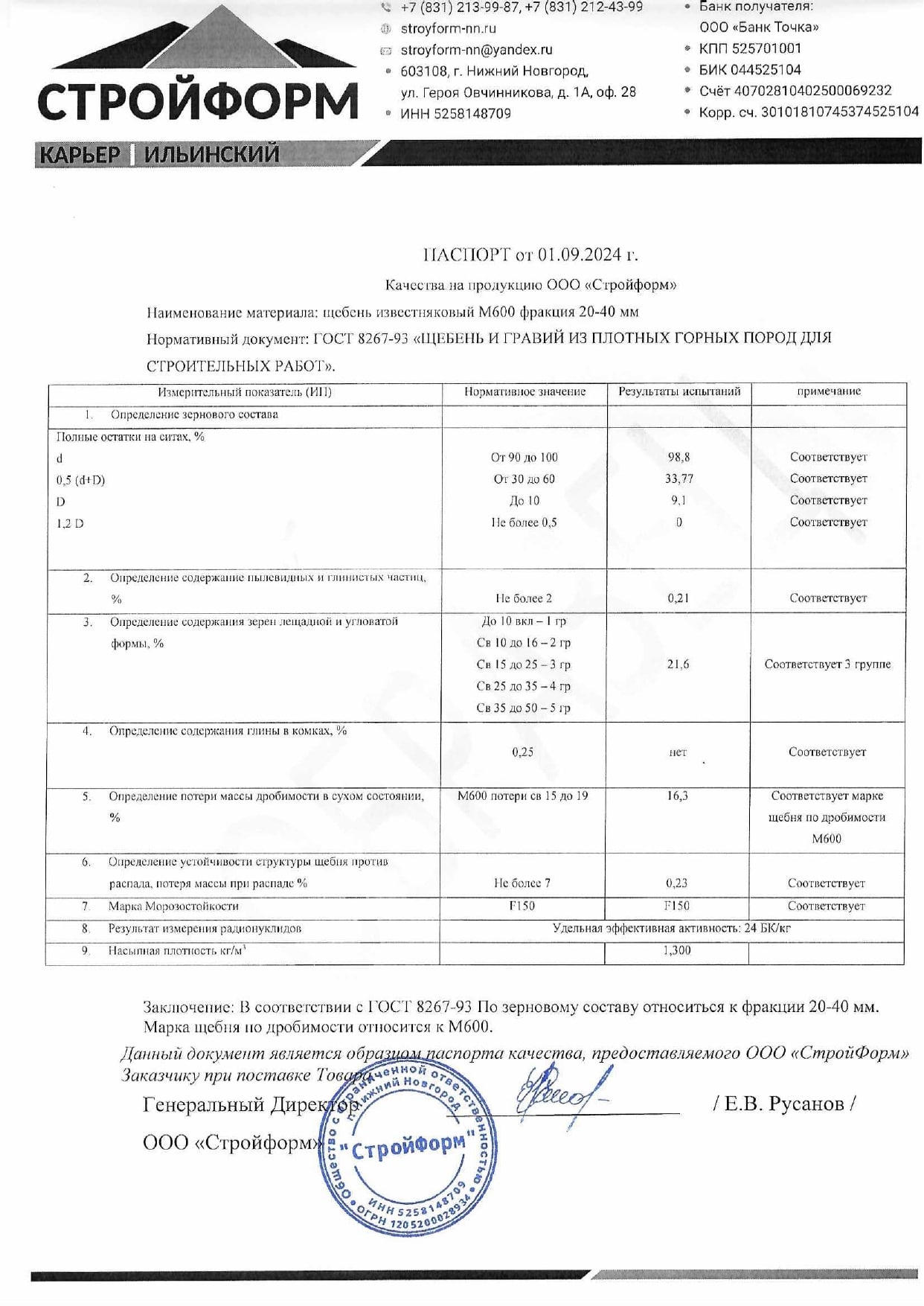 Паспорт качества на щебень фракции 20-40 марки 600